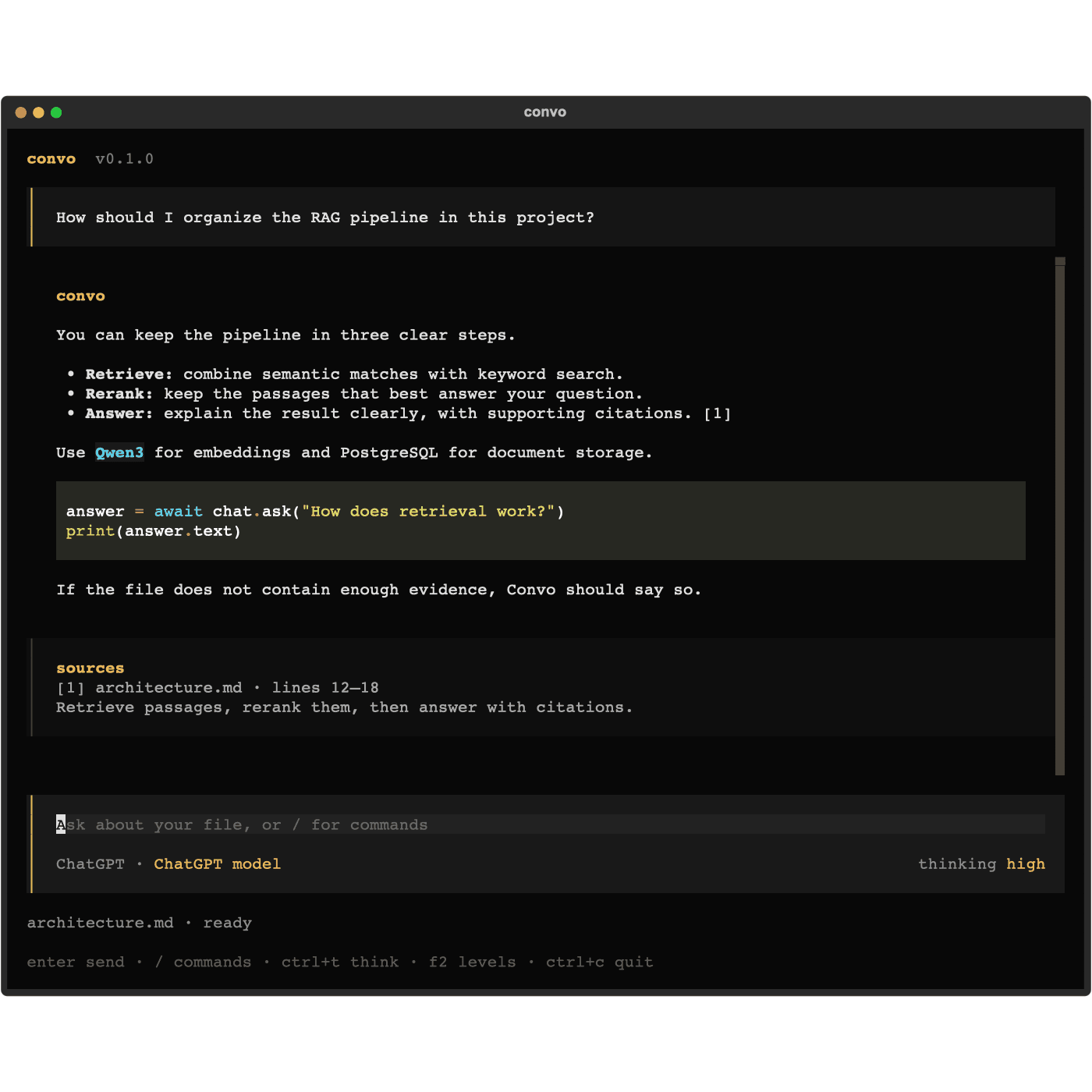 Convo terminal showing a question about a RAG pipeline, an answer with code, and a supporting source quotation from architecture.md.